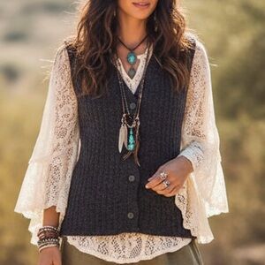 Vintage More & More Company Gray Ribbed Wool Alpaca Blend Button Up Vest Medium